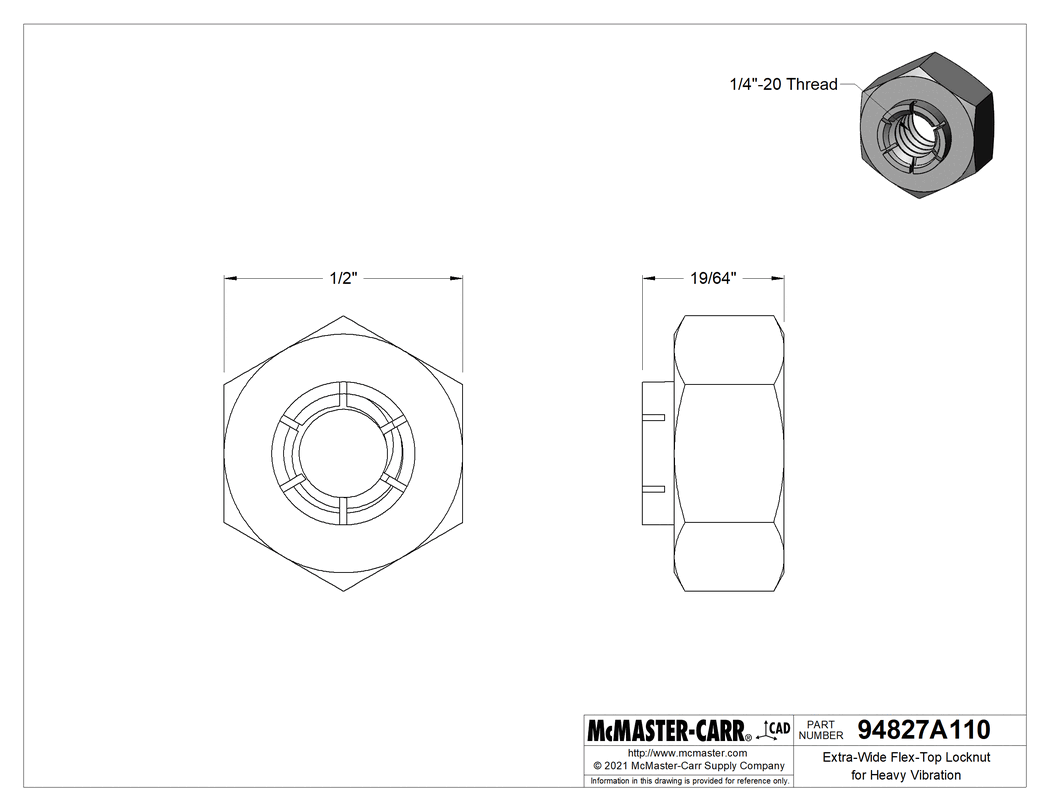 Technical Drawing of Heavy-Profile Flex-Top Locknut, for Heavy Vibration, Cadmium-Plated Steel, 1/4"-20 Thread Size.